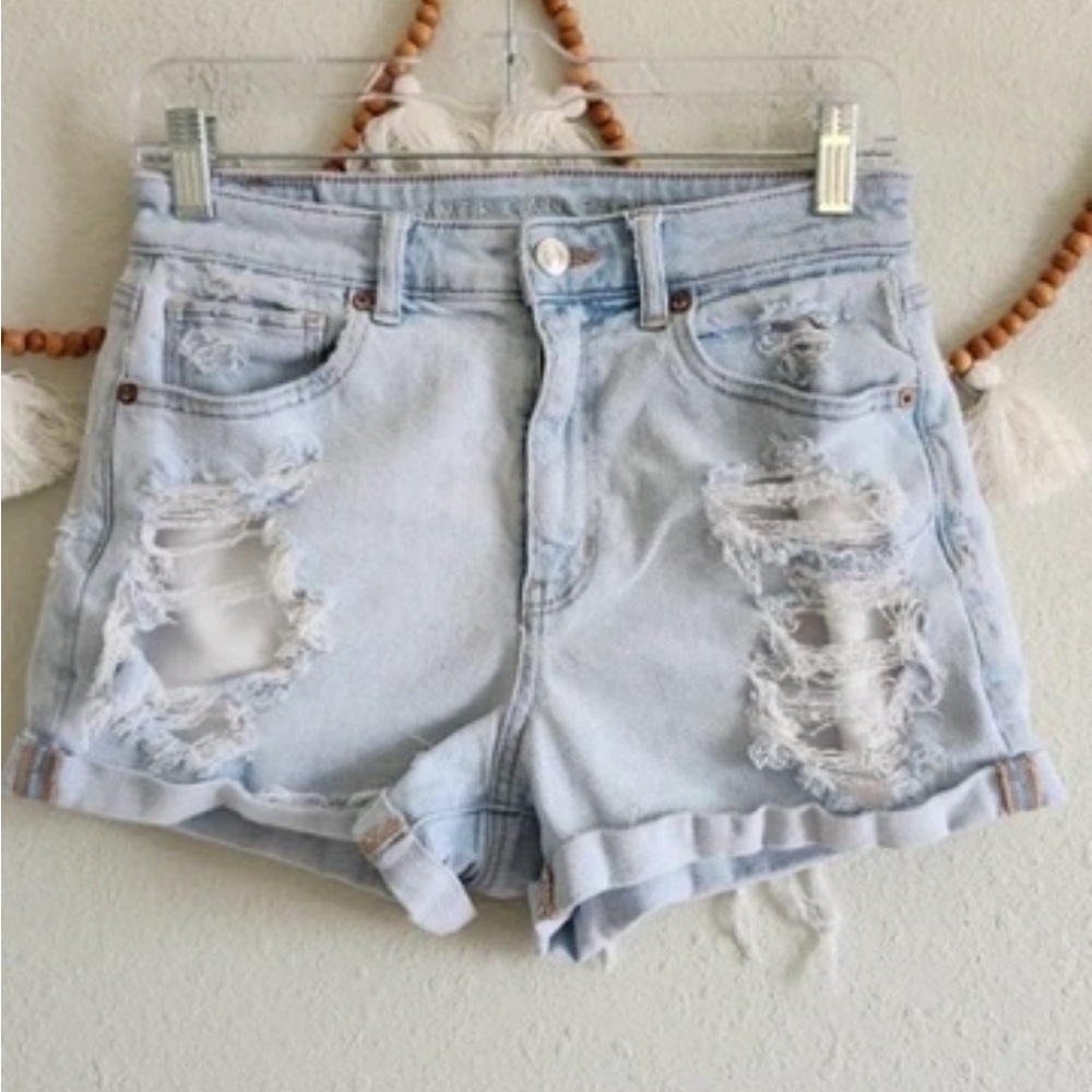 Monki Light Wash Distressed High-Rise Denim Shorts